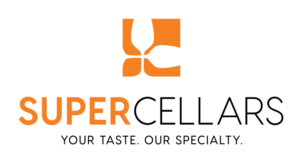 Supercellars logo: orange abstract icon above the text 'SUPER' (orange) and 'CELLARS' (black), tagline 'YOUR TASTE. OUR SPECIALTY.'