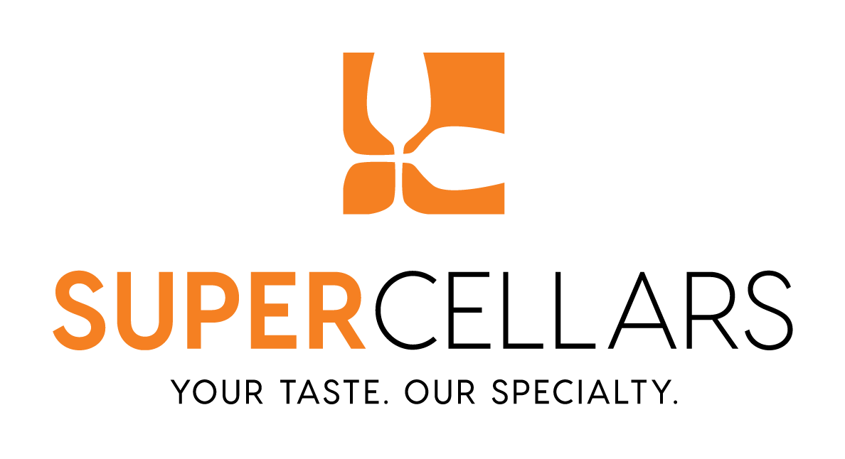 Supercellars logo: orange abstract icon above the text 'SUPER' (orange) and 'CELLARS' (black), tagline 'YOUR TASTE. OUR SPECIALTY.'